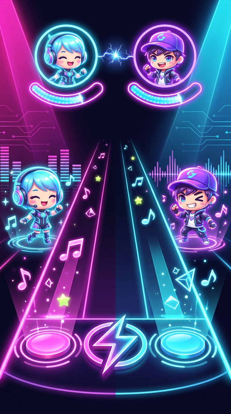 1v1 리듬 배틀 화면 — 아바타 대결과 에너지 게이지